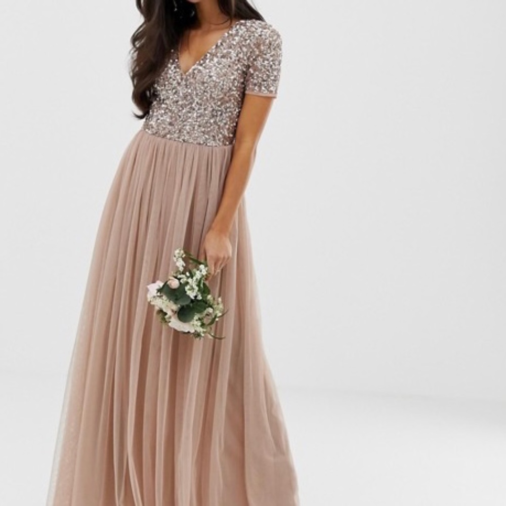 ASOS Maya Petite Bridesmaid v neck maxi tulle dress with sequins in taupe